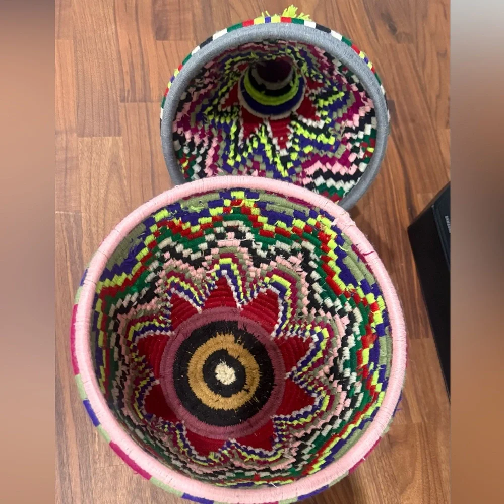 Vintage Multicolored Moroccan Berber Baskets with Bold Pattern.
